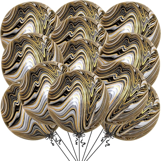 KatchOn, Black and Gold Marble Balloons - Big 22 Inch, Pack of 12 | 4D Marble Black and Gold Balloons for Birthday Party Decorations | Agate Balloons for Retirement, Dance Party Decorations