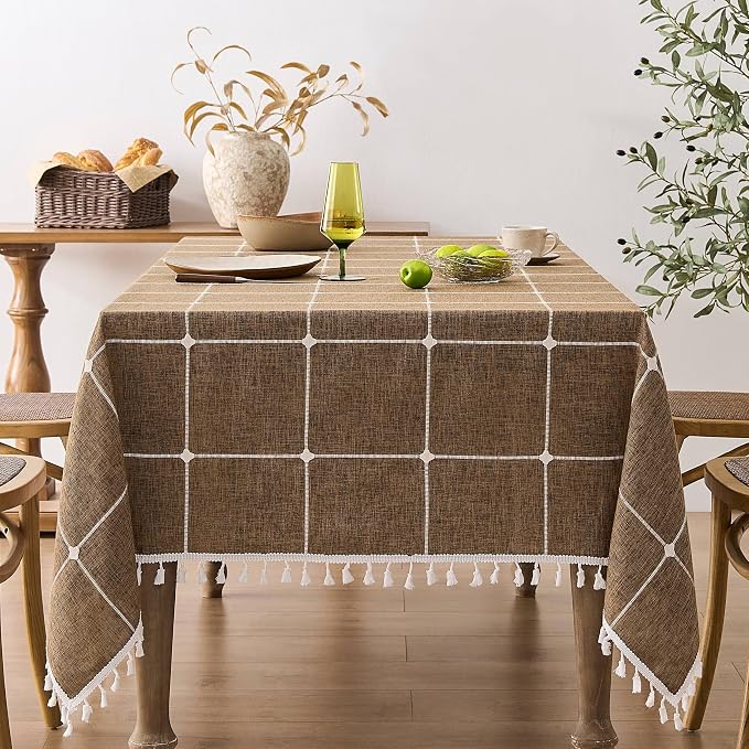 ZeeMart Boho Grid Table Cloth with Tassels (Caramel, 52" x 52"), Heavy Weight Linen Checked Embroidered Farmhouse Tablecloth, Water Resistant Square Brown Tablecloths