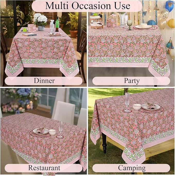 Ridhi Strawberry Pink Hand Block Print Cotton Rectangle Tablecloth 190" x 72" inches Reusable Table Cover Decorative Everyday Use for Dining Room, Farmhouse, Home Gift for Spring, Mother's Day