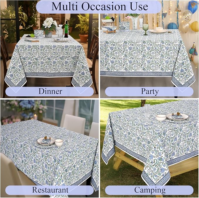 Ridhi Columbia Blue Hand Block Print Cotton Rectangle Tablecloth 160" x 72" inches Reusable Table Cover Decorative Everyday Use for Dining Room, Farmhouse, Home Gift for Spring, Mother's Day