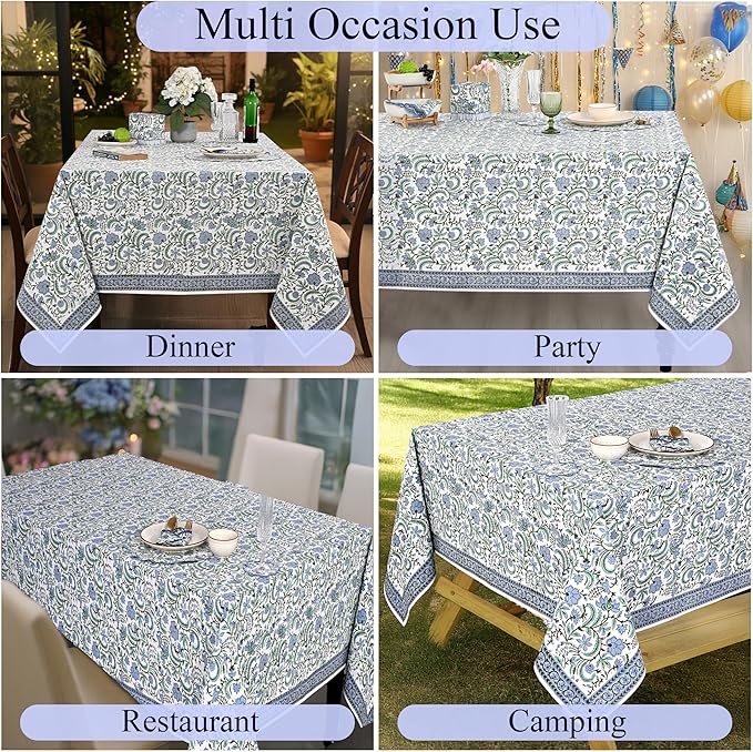 Ridhi Columbia Blue Hand Block Print Cotton Rectangle Tablecloth 90" x 60" inches Reusable Table Cover Decorative Everyday Use for Dining Room, Farmhouse, Home Gift for Spring, Mother's Day