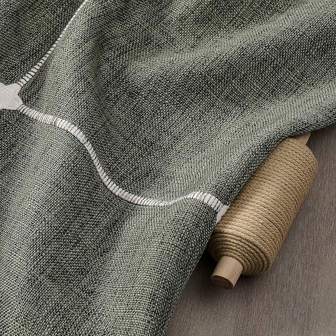 ZeeMart Boho Grid Table Cloth with Tassels (Olive, 52" Round), Heavy Weight Linen Checked Embroidered Farmhouse Tablecloth, Water Resistant Round Olive Green Tablecloths