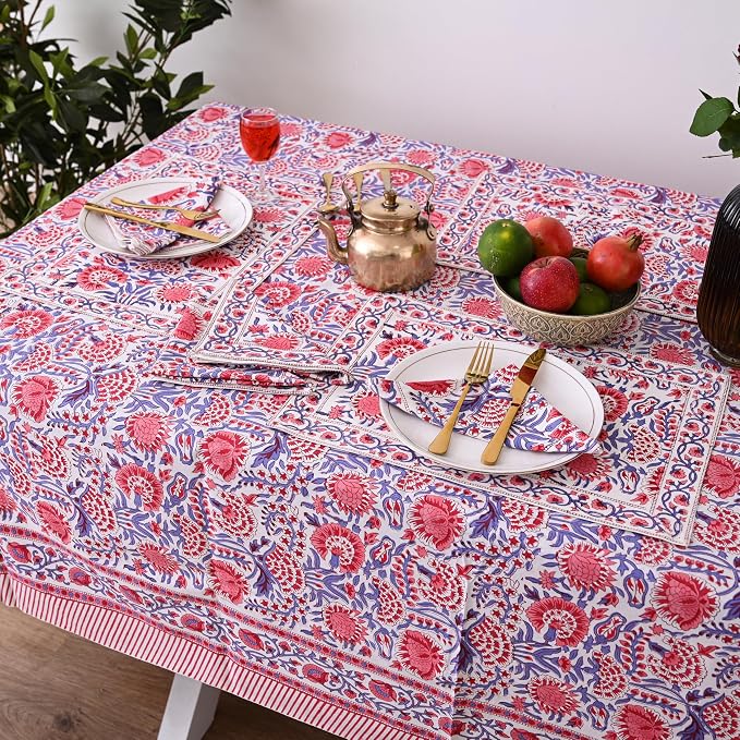 Hand Block Printed Tablecloth – Colorful Floral Print | 100% Cotton | Indian Artisan Handmade Art | Dining Room, Kitchen, Outdoor Décor, (Flamingo Pink, 60 x 60 Inches Square)
