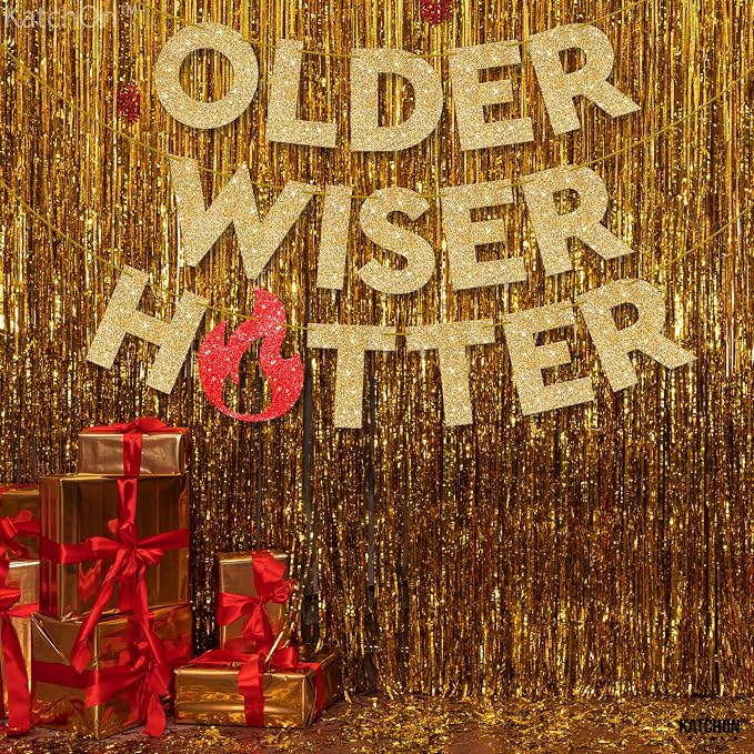 KatchOn Glitter Gold Older Wiser Hotter Banner - NO DIY | 10 Feet Funny Decorations