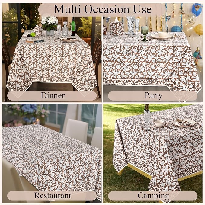 Ridhi Oak Brown Hand Block Print Cotton Rectangle Tablecloth 90" x 60" inches Reusable Table Cover Decorative Everyday Use for Dining Room, Farmhouse, Home Gift for Spring, Mother's Day