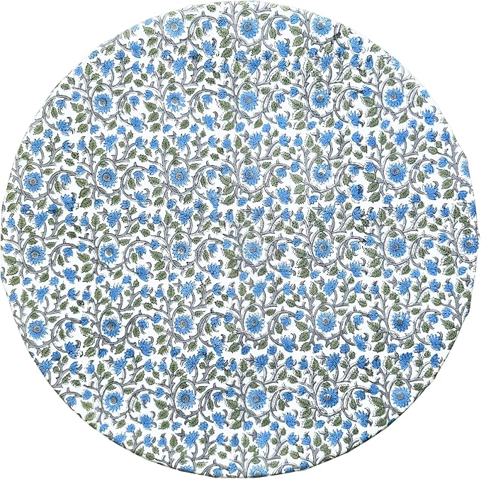 ATOSII Lake Como 100% Cotton Summer Round Tablecloth, Block Print Table Cloth for Dining, Weddings, Outdoors, Parties I Grand Millenial Farmhouse Coastal Boho Home Decor I 72" Inches 4 Seater