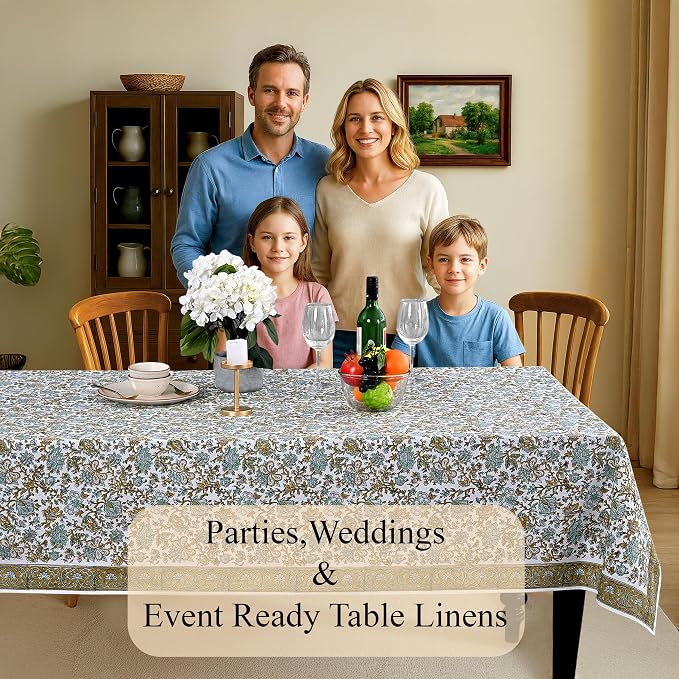 CPC Tablecloth 100% Cotton 60x60 Inch Indian Block Print Square Table Cover, Table Cloth for Weddings, Spring/Summer, Barbeque - Harvest Bloom