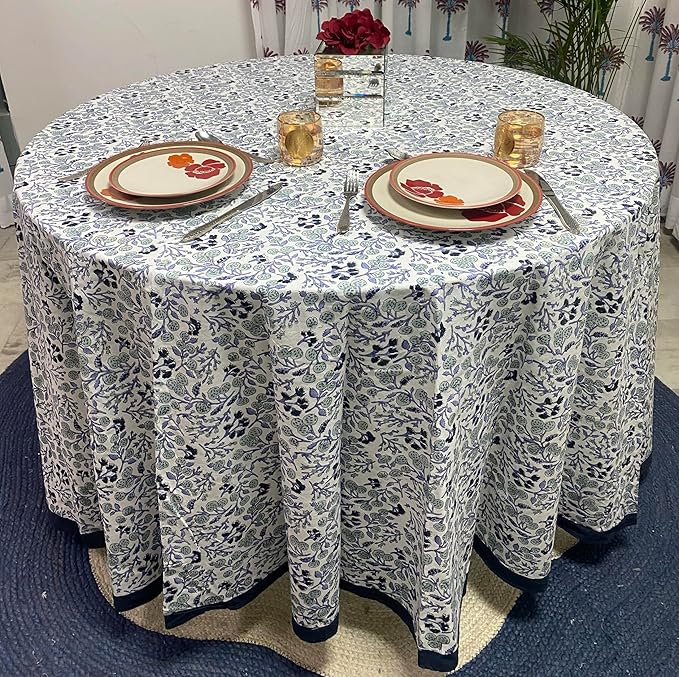 Ridhi Round Tablecloth Hand Block Print 100% Cotton Reusable Baby Blue Floral 110 Inch Table Cover Decorative Everyday Use for Dining, Home, Party, Wedding, Farmhouse Gift for Spring, Mother's Day