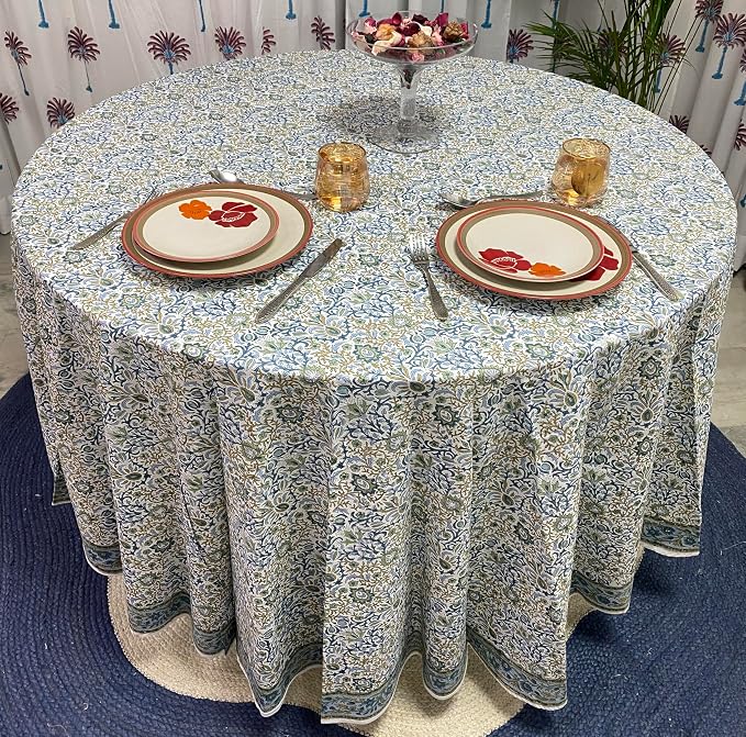 Ridhi Round Tablecloth Hand Block Print 100% Cotton Reusable Indigo Flower 110 Inch Table Cover Decorative Everyday Use for Dining, Home, Party, Wedding, Farmhouse, Party Gift for Spring, Mother's Day