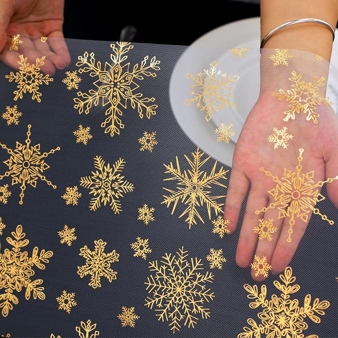 Snowkingdom 2 Pcs Christmas Snowflake Gold Table Runner, 108 Inch Sparkly Gold Glitter Metallic Foil Runners Decorations for Seasonal Winter Festival Holiday Home Party