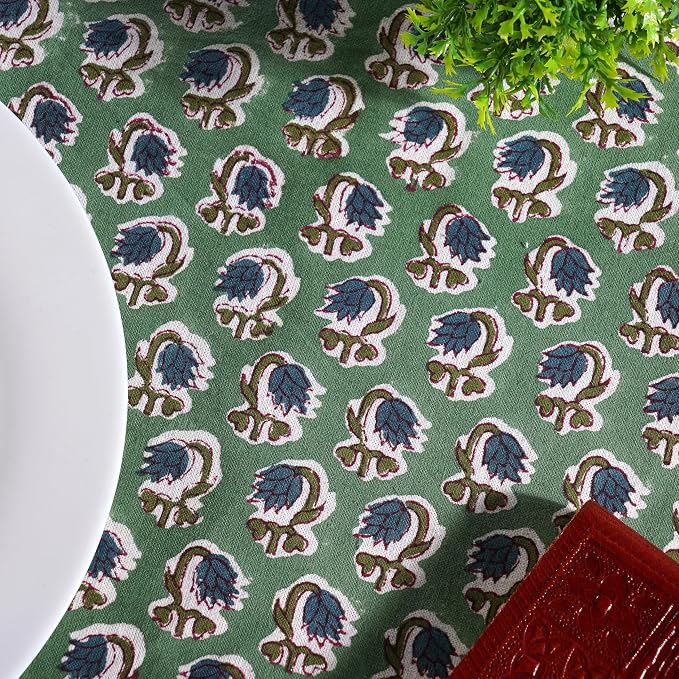 Ridhi Round Tablecloth Hand Block Print 100% Cotton Reusable Basil Green 60 Inch Table Cover Decorative Everyday Use for Dining, Home, Party, Wedding, Farmhouse, Party Gift for Spring, Mother's Day
