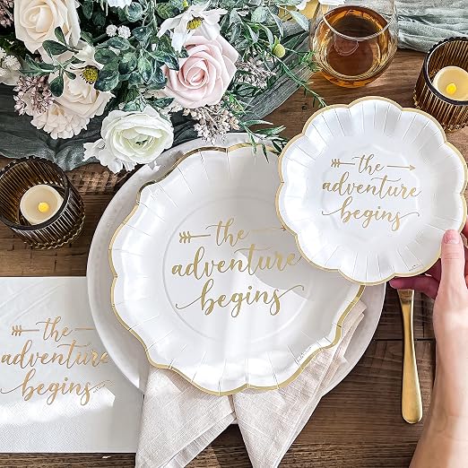Kate Aspen The Adventure Begins Wedding Paper Plates and Napkins Set - 72 Piece Wedding Plates Disposable Party Tableware for 24 Guests - Bridal Shower Decorations, Engagement Party Decor