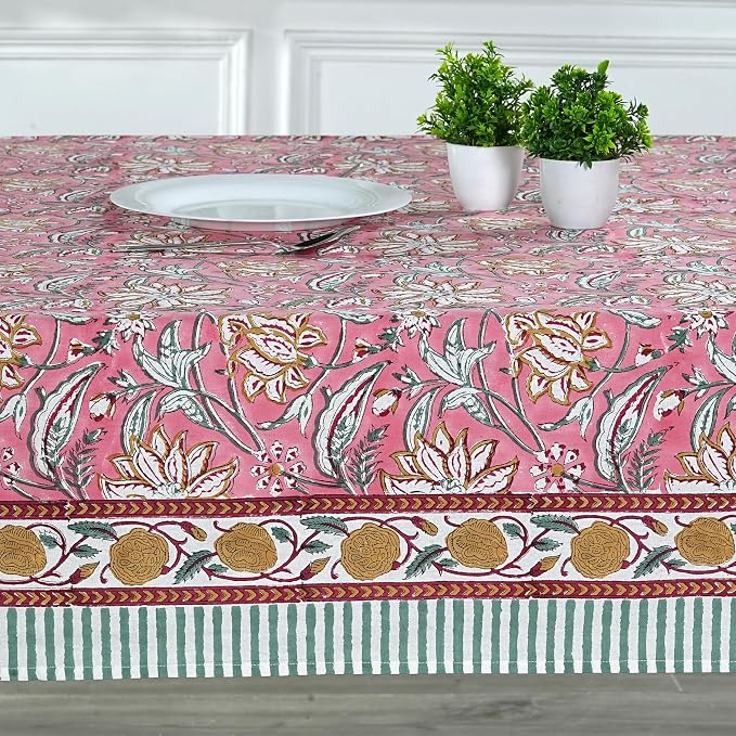Ridhi Candy Pink Hand Block Print Cotton Rectangle Tablecloth 160" x 72" inches Reusable Table Cover Decorative Everyday Use for Dining Room, Farmhouse, Home Gift for Spring, Mother's Day