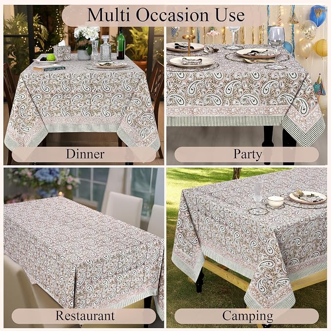 Ridhi Royal Beige Hand Block Print Cotton Rectangle Tablecloth 108" x 60" inches Reusable Table Cover Decorative Everyday Use for Dining Room, Farmhouse, Home Gift for Spring, Mother's Day