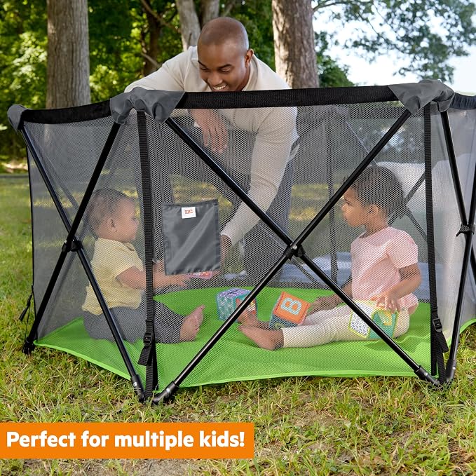 Bright Starts Pop ‘N Play Indoor/Outdoor Playard, Portable Playpen for Babies and Toddlers, Unisex, Easy Compact Fold