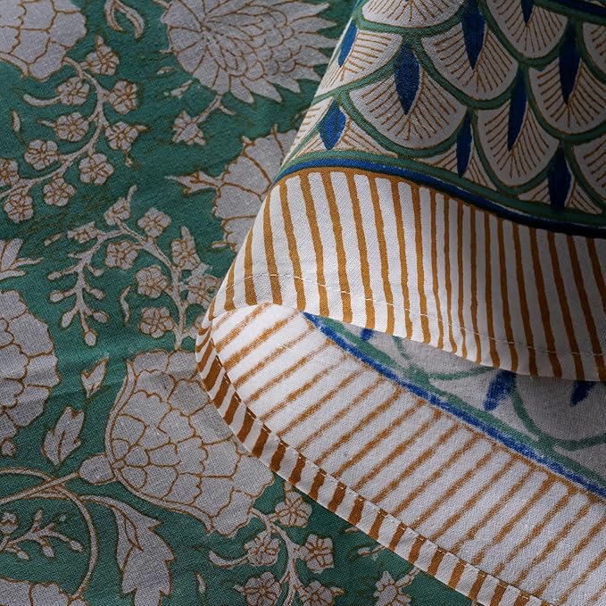 Ridhi Round Tablecloth Hand Block Print 100% Cotton Reusable Turquoise Moss Green 120 Inch Table Cover Decorative Everyday Use for Dining, Home, Party, Wedding, Farmhouse Gift for Spring, Mother's Day