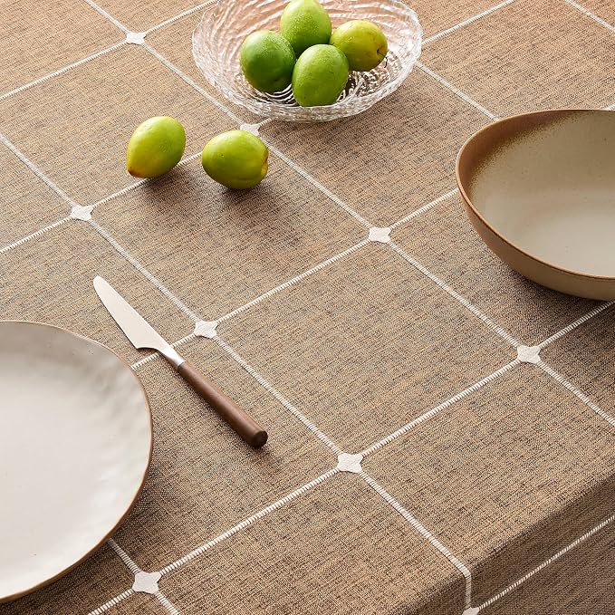 ZeeMart Boho Grid Table Cloth with Tassels (Caramel, 60" Round), Heavy Weight Linen Checked Embroidered Farmhouse Tablecloth, Water Resistant Round Brown Tablecloths