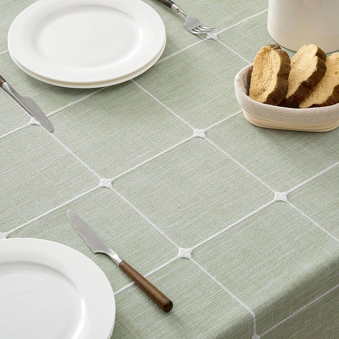 ZeeMart Boho Grid Table Cloth with Tassels (Sage Green, 52" x 70"), Heavy Weight Linen Checked Embroidered Farmhouse Tablecloth, Water Resistant Rectangle Green Tablecloths