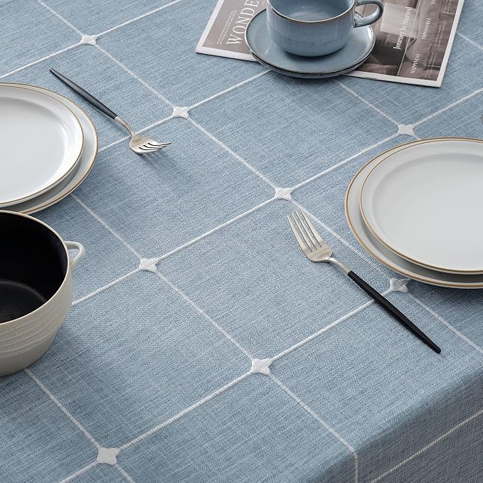 ZeeMart Boho Grid Table Cloth with Tassels (Blue, 60" x 120"), Heavy Weight Linen Checked Embroidered Farmhouse Tablecloth, Water Resistant Rectangle Dusty Blue Tablecloths