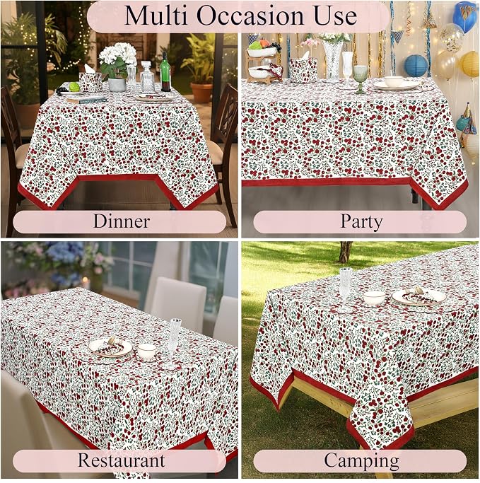 Ridhi Garnet Red Hand Block Print Cotton Rectangle Tablecloth 190" x 72" inches Reusable Table Cover Decorative Everyday Use for Dining Room, Farmhouse, Home Gift for Spring, Mother's Day