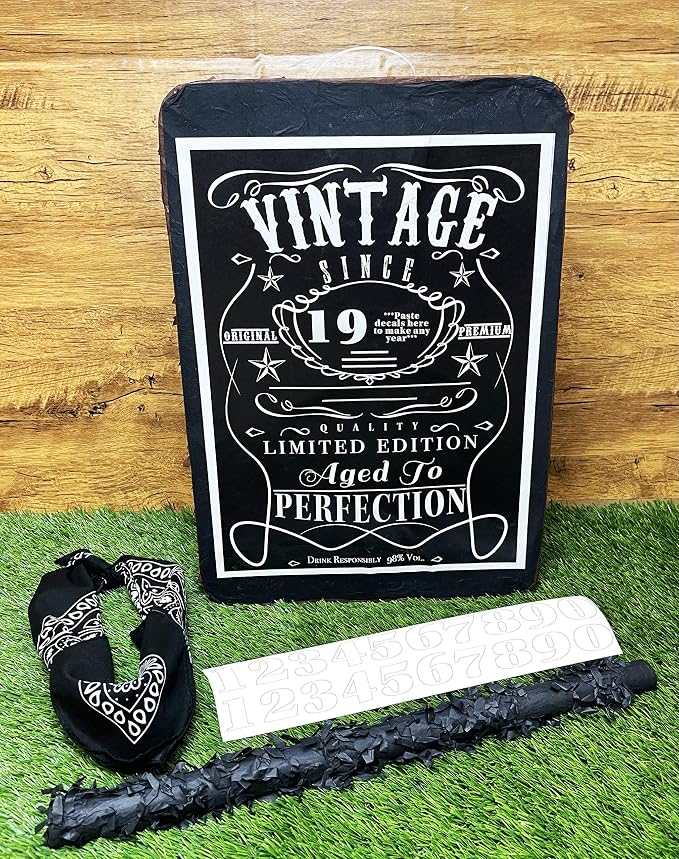 Jergrim Vintage Aged to Perfection Adult Piñata with stick and blindfold - 16x11x3 inches, Perfect for Party Decorations, Photo Prop, Funny Anniversary, 50th birthday – Fits candy/favors