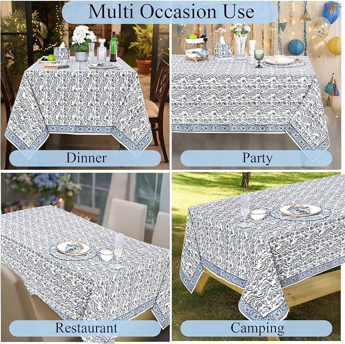 Ridhi -Baby Blue Eyes 60x60 Inches Square 100% Cotton Hand Block Print Tablecloth Washable Halloween Thanksgiving/Christmas Parties/Wedding Use,Fall décor Farmhouse Dining Dinner tablecloths
