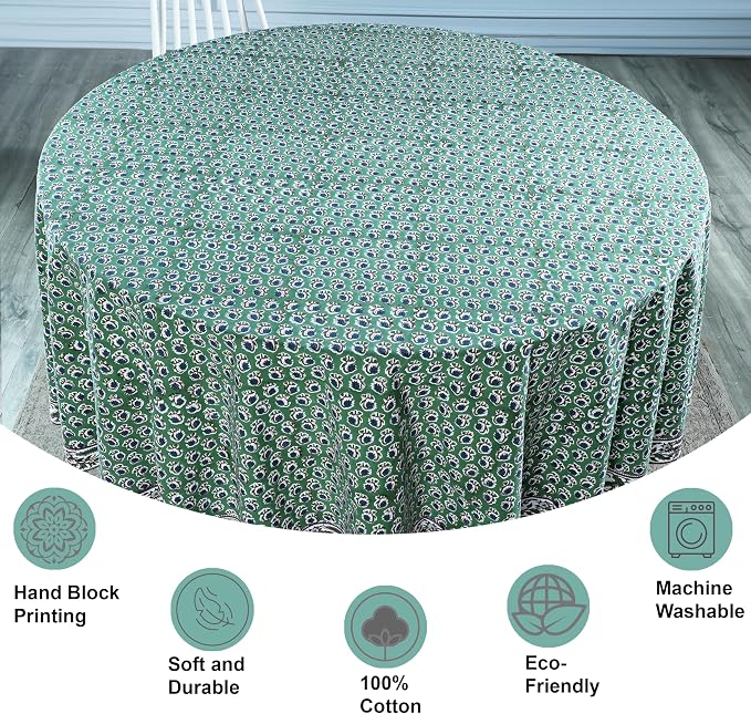 Ridhi Round Tablecloth Hand Block Print 100% Cotton Reusable Basil Green 60 Inch Table Cover Decorative Everyday Use for Dining, Home, Party, Wedding, Farmhouse, Party Gift for Spring, Mother's Day