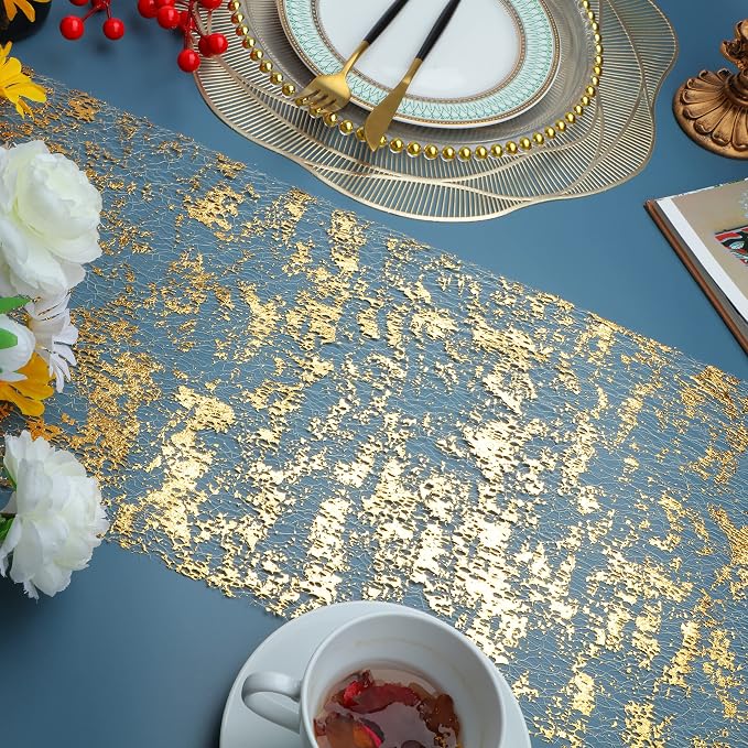 Snowkingdom Glitter Metallic Gold Table Runner 11 Inch x 49 Feet Roll Thin Mesh Sparkle Runner Table Decorations for Wedding Bridal Baby Shower, Anniversary, Christmas, Birthday Party