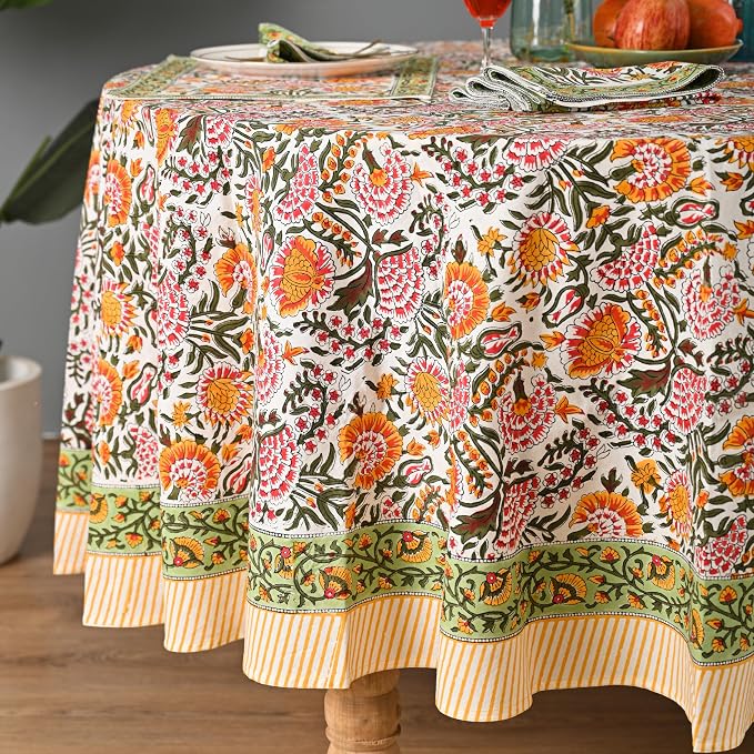 Hand Block Printed Tablecloth – Colorful Floral Print | 100% Cotton | Indian Artisan Handmade Art | Dining Room, Kitchen, Outdoor Décor, (Yellow Sunflower, 8 Seater 90 Inches Round)