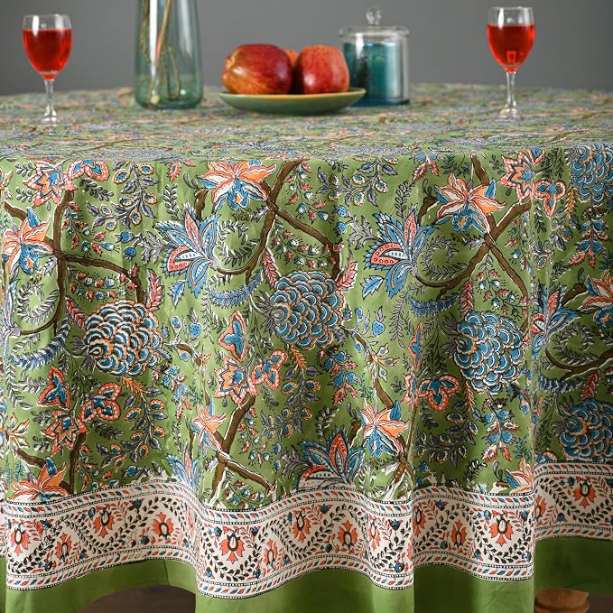 Hand Block Printed Tablecloth – Colorful Floral Print | 100% Cotton | Indian Artisan Handmade Art | Dining Room, Kitchen, Outdoor Décor, (Forest Ash Elegance, 8 Seater 90 Inches Round)