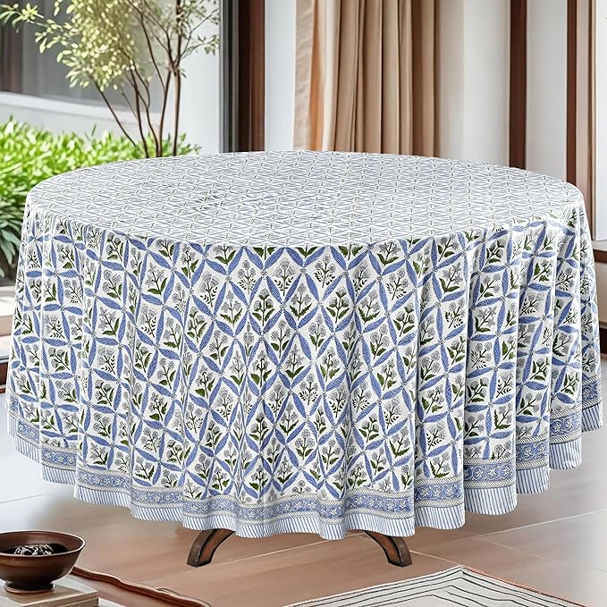 Ridhi Round Tablecloth Hand Block Print 100% Cotton Reusable Light Steel Blue 132 Inch Table Cover Decorative Everyday Use for Dining, Home, Party, Wedding, Farmhouse Gift for Spring, Mother's Day