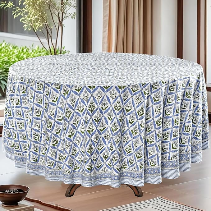Ridhi Round Tablecloth Hand Block Print 100% Cotton Reusable Light Steel Blue 90 Inch Table Cover Decorative Everyday Use for Dining, Home, Party, Wedding, Farmhouse Gift for Spring, Mother's Day