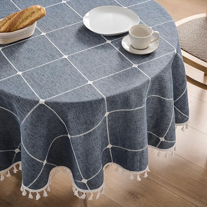 ZeeMart Boho Grid Table Cloth with Tassels (Navy Blue, 60" Round), Heavy Weight Linen Checked Embroidered Farmhouse Tablecloth, Water Resistant Round Dark Blue Tablecloths