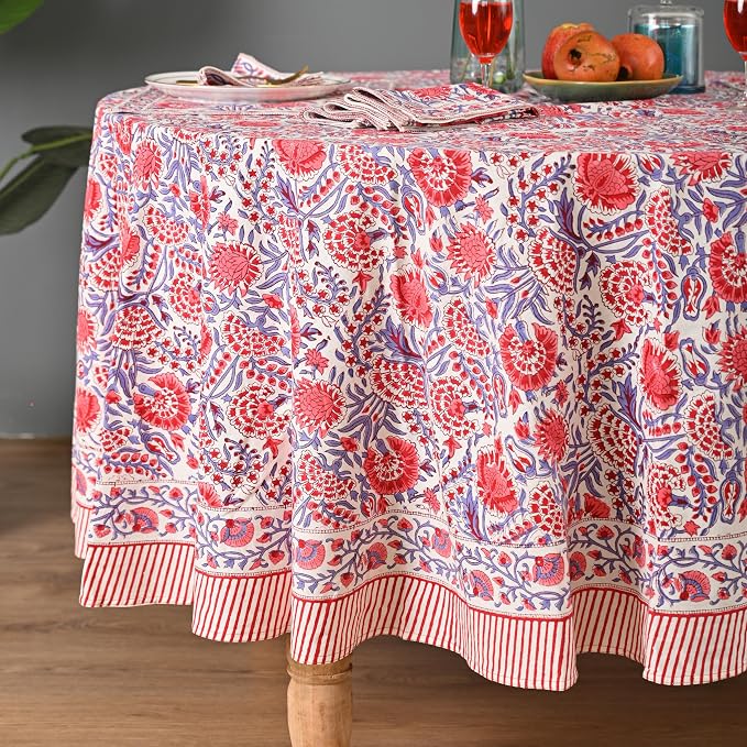 Hand Block Printed Tablecloth – Colorful Floral Print | 100% Cotton | Indian Artisan Handmade Art | Dining Room, Kitchen, Outdoor Décor, (Flamingo Pink, 4 Seater 60 Inches Round)
