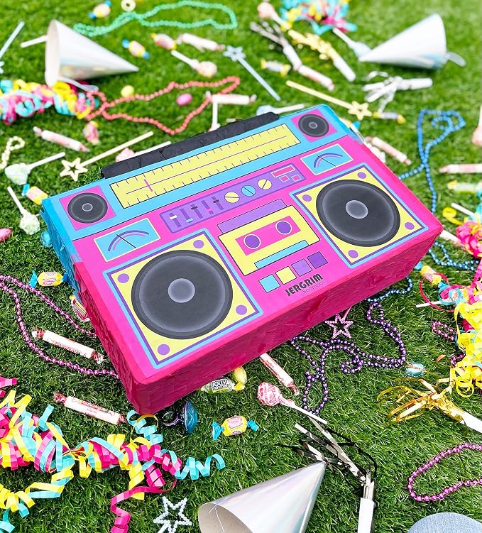 Jergrim Boombox Piñata 4-Piece Set perfect for Retro Birthday Party, Decorations, 80s Parties, Hip Hop 90s, 1980’s Radio Piñata for kids and adults (17”X10”) Durable!