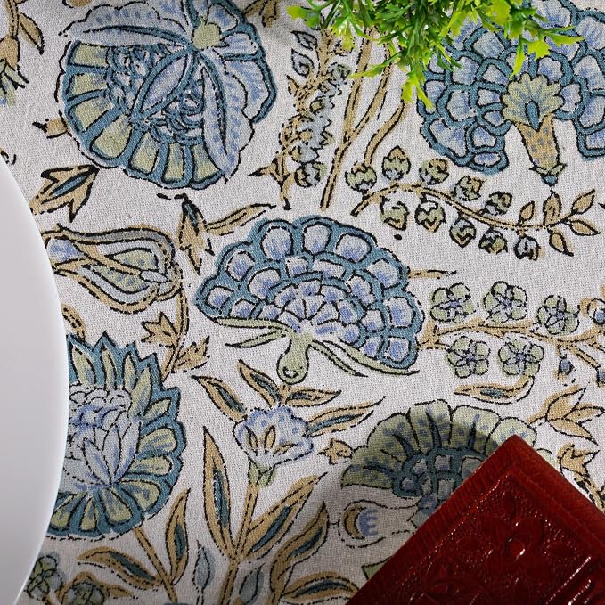 Ridhi Round Tablecloth Hand Block Print 100% Cotton Reusable Asparagus Green 132 Inch Table Cover Decorative Everyday Use for Dining, Home, Party, Wedding, Farmhouse Gift for Spring, Mother's Day
