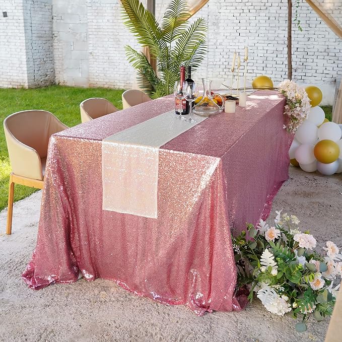 Rose Pink Sequin Tablecloth 90"x132" Party Glitter Tablecloth Rectangular Sequin Table Cover Overlay Glitter Wedding Birthday Reception Decoration Baby Bridal Shower Christmas Decorations