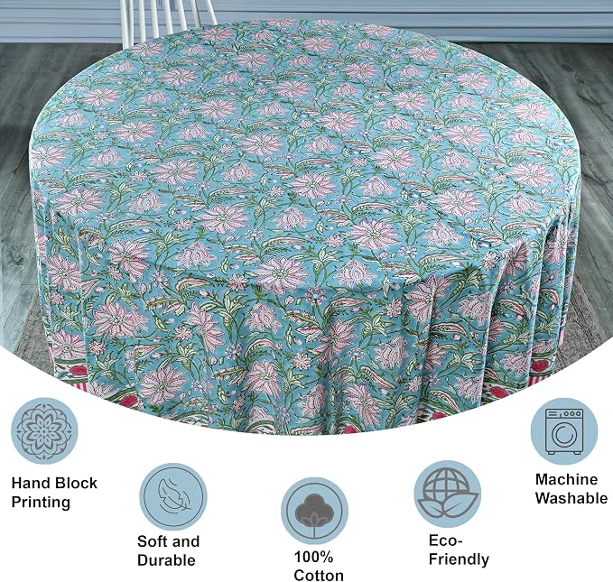 Ridhi Round Tablecloth Hand Block Print 100% Cotton Reusable Turquoise Blue 110 Inch Table Cover Decorative Everyday Use for Dining, Home, Party, Wedding, Farmhouse Gift for Spring, Mother's Day