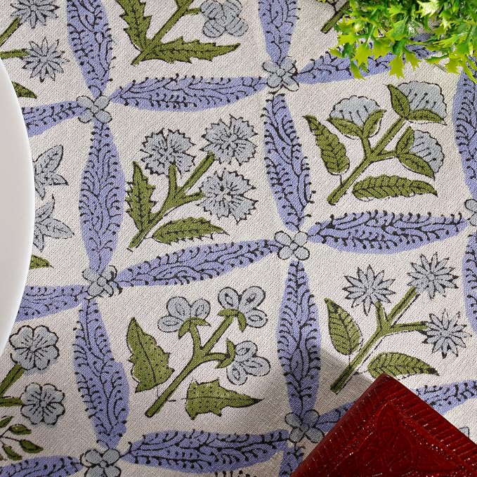 Ridhi Round Tablecloth Hand Block Print 100% Cotton Reusable Light Steel Blue 110 Inch Table Cover Decorative Everyday Use for Dining, Home, Party, Wedding, Farmhouse Gift for Spring, Mother's Day
