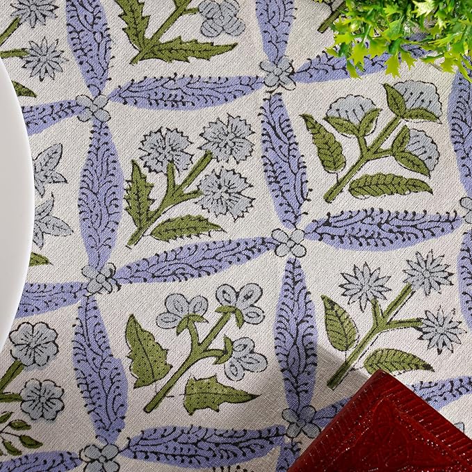 Ridhi Round Tablecloth Hand Block Print 100% Cotton Reusable Light Steel Blue 60 Inch Table Cover Decorative Everyday Use for Dining, Home, Party, Wedding, Farmhouse Gift for Spring, Mother's Day
