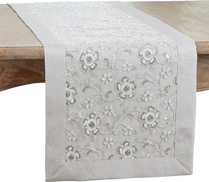 SARO LIFESTYLE Floral Embroidered Table Runner, Silver, 16"x120"