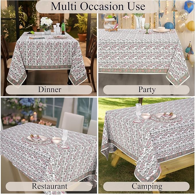 Ridhi Coral Pink Hand Block Print Cotton Rectangle Tablecloth 120" x 60" inches Reusable Table Cover Decorative Everyday Use for Dining Room, Farmhouse, Home Gift for Spring, Mother's Day