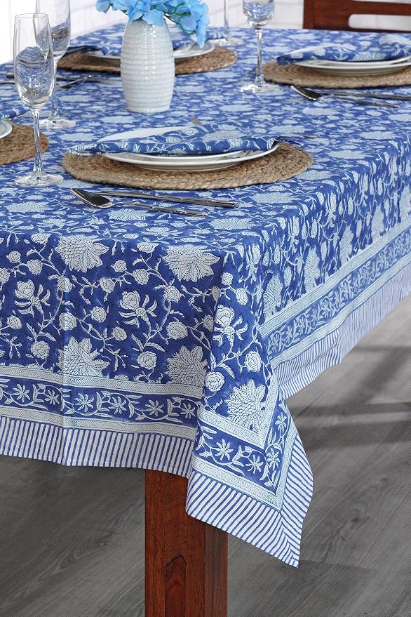 Ridhi Dark Blue Hand Block Print Cotton Rectangle Tablecloth 190" x 72" inches Reusable Table Cover Decorative Everyday Use for Dining Room, Farmhouse, Home Gift for Spring, Mother's Day