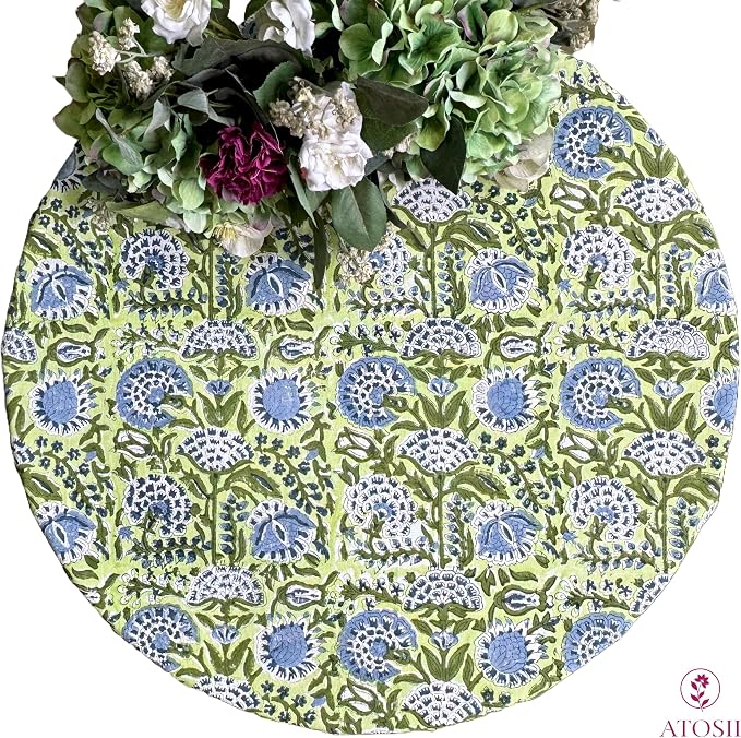 ATOSII Amara 100% Cotton Round Summer Tablecloth, Handblock Print Floral Table Cloth for Kitchen Dining Linen I Parties, Weddings, Outdoors I Grand Millennial Farmhouse Home Decor 72" Inches Round