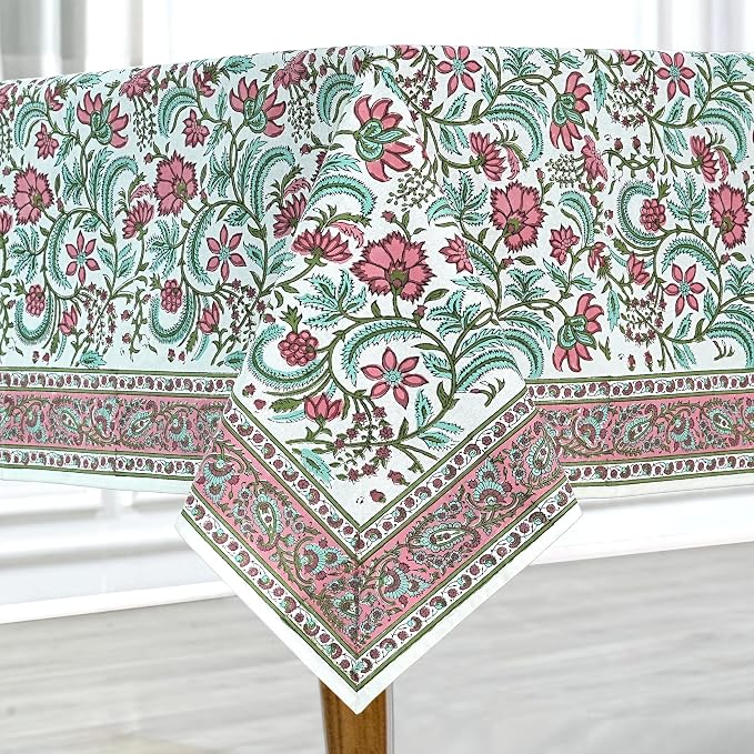 Ridhi Tulip Pink Hand Block Print Cotton Rectangle Tablecloth 190" x 72" inches Reusable Table Cover Decorative Everyday Use for Dining Room, Farmhouse, Home Gift for Spring, Mother's Day