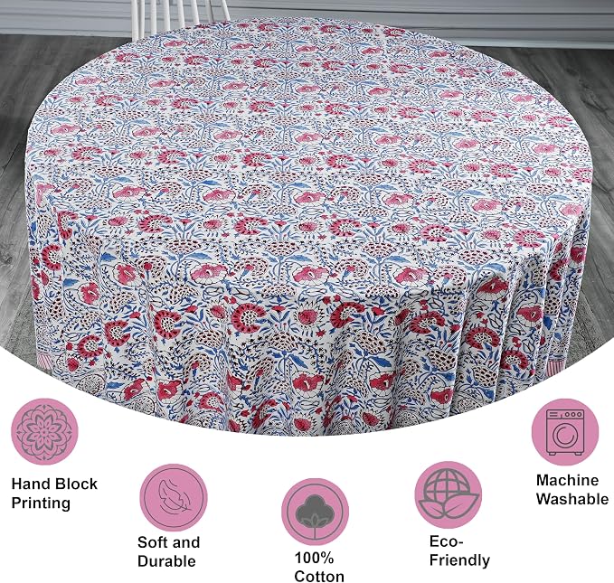 Ridhi Round Tablecloth Hand Block Print 100% Cotton Reusable Flamingo Pink 132 Inch Table Cover Decorative Everyday Use for Dining, Home, Party, Wedding, Farmhouse, Party Gift for Spring, Mother's Day