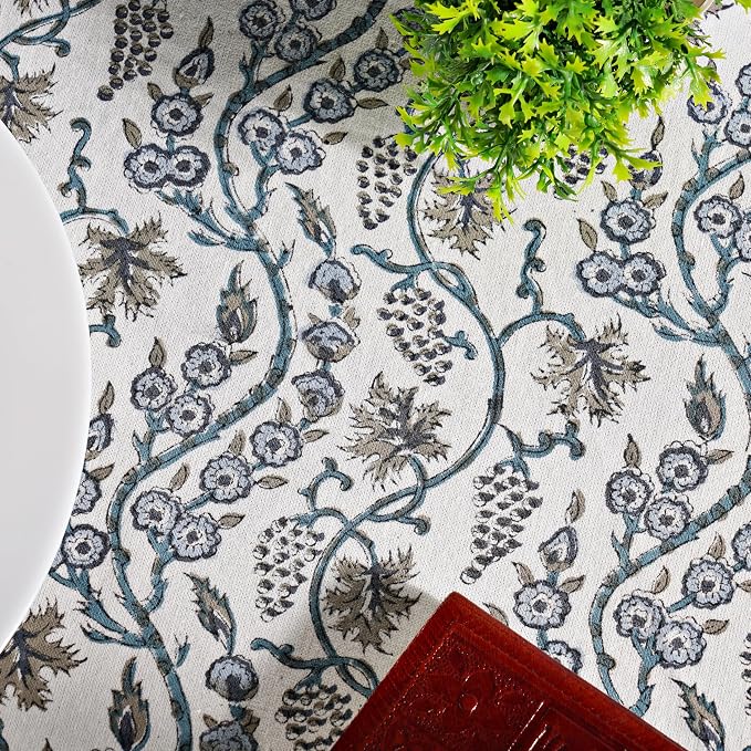 Ridhi Round Tablecloth Hand Block Print 100% Cotton Reusable Baby Blue Eyes 90 Inch Table Cover Decorative Everyday Use for Dining, Home, Party, Wedding, Farmhouse, Party Gift for Spring, Mother's Day