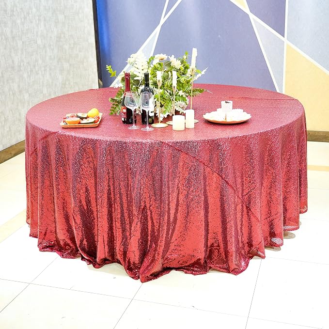 Burgundy Sequin Tablecloth, 120'' Round Sparkly Tablecloth, Glitter Tablecloth for Wedding Baby Shower Birthday Party Dinners
