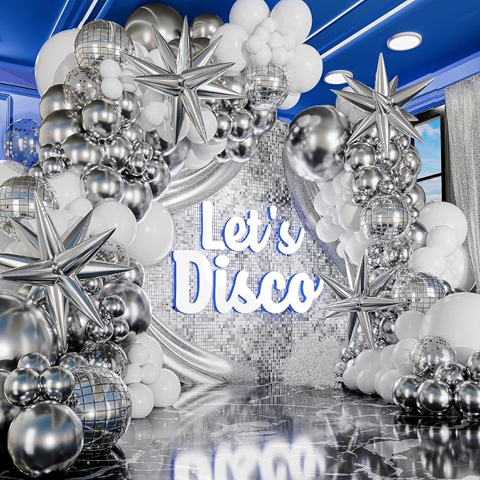 ALL-IN-1 Disco Balloon Arch Kit with BONUS Disco Ball Balloon for Party Decorations - Silver & White Balloons Garland for Disco Ball Party Decoration & Silver Party Decorations -Disco Balloons