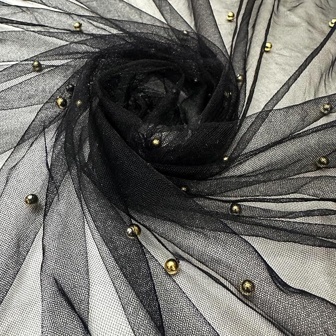 Pearl Black Gauze Pearl Table Runner 120 Inch 10FT, Seasonal Sheer Dining Holiday Wedding Birthday Baby Shower Tulle Summer Table Decor for Home Party